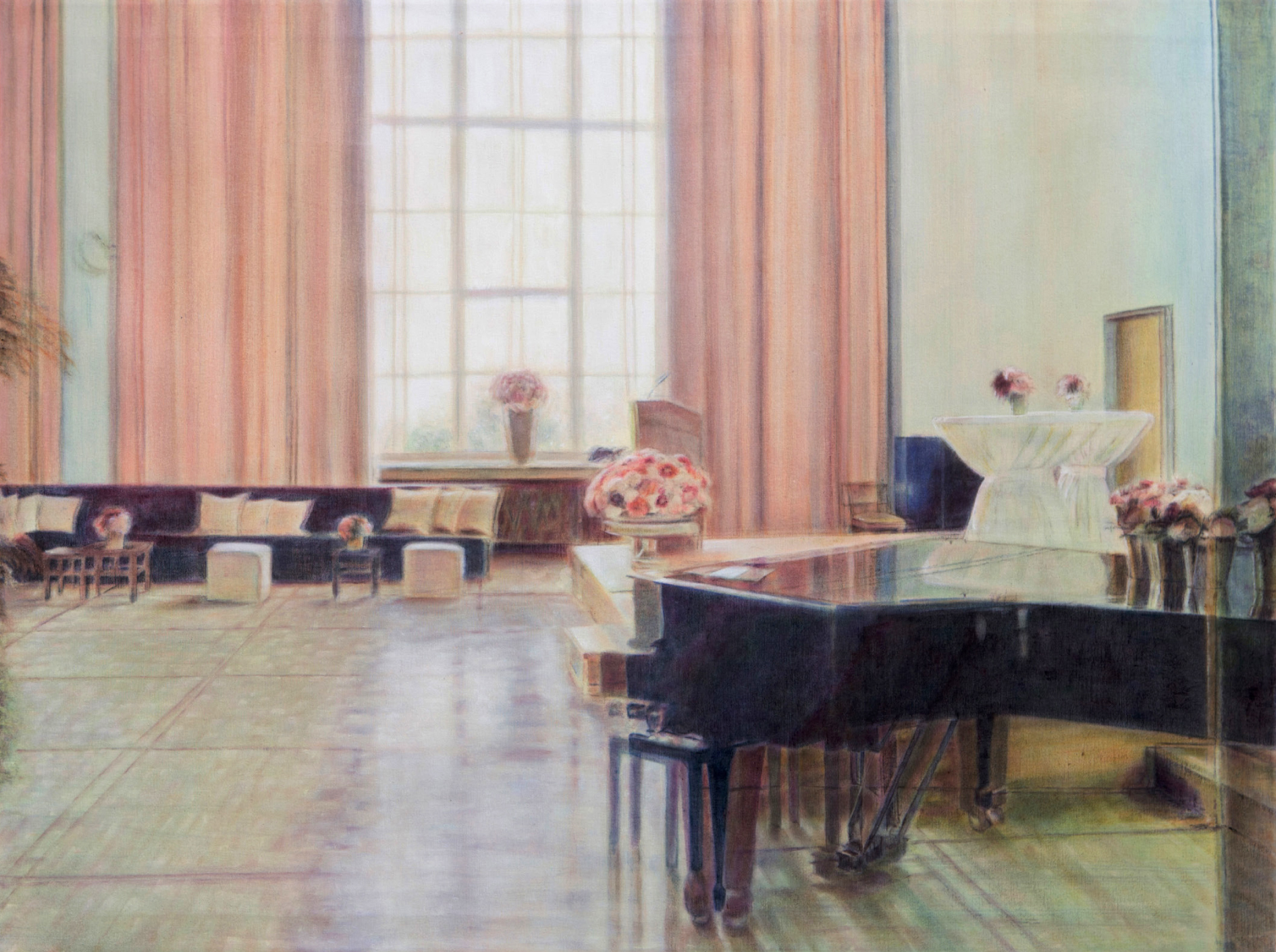 painting by Pulad Mohammadi of the memorial service for Gerhard Graubner inside Kunstakadmie Düsseldorf